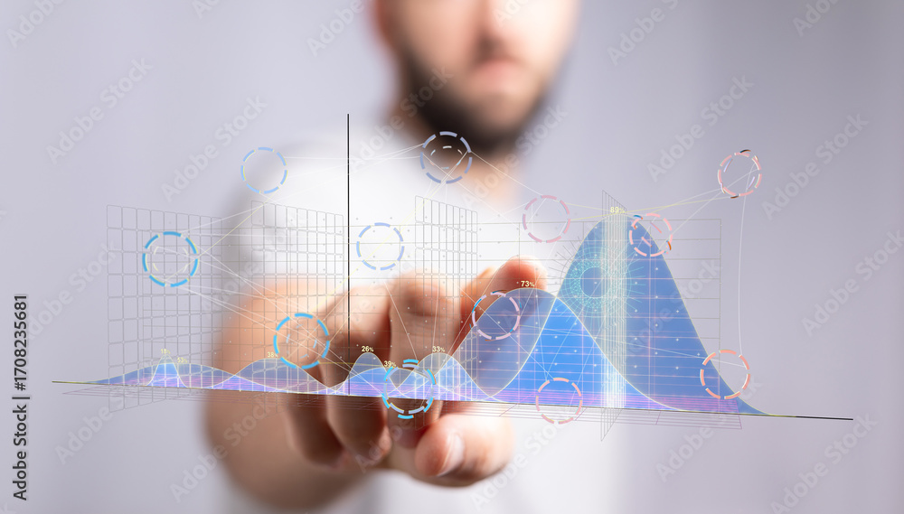 Poster a businessman interacts with a holographic projection of data charts and graphs, visualizing busines