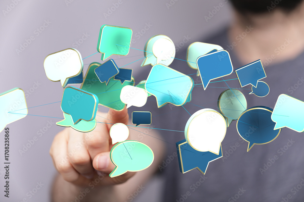 Poster abstract image of interconnected speech bubbles, symbolizing global communication and networking.