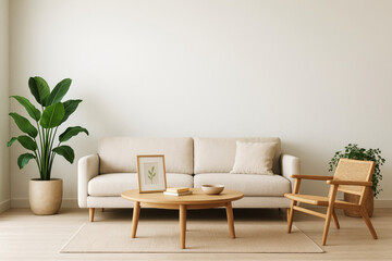 Beige sofa and armchair in a minimalist living room with plants and framed art interior