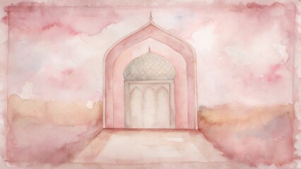 Soft pastel pink islamic prayer rug featuring a subtle archway design for serene worship