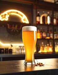 a glass of beer with colorful, set on a neon
