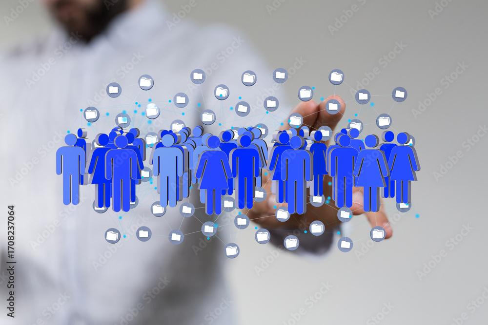 Poster Image of a digital network showing people connected online. Represents global communication and collaboration.