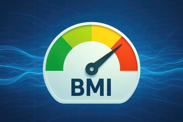 BMI gauge meter showing a reading in the red zone against a blue digital background body mass index
