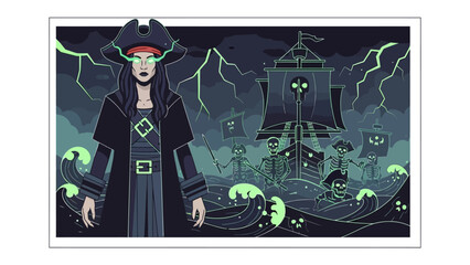 Mystic Pirate on Stormy Seas: A mysterious female pirate, illuminated by mystical green energy, stands defiant against a backdrop of a dark sea and a ghostly pirate ship.
