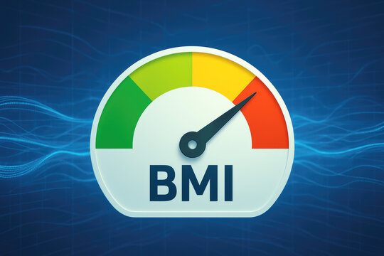 BMI gauge meter showing a reading in the red zone against a blue digital background body mass index - Powered by Adobe