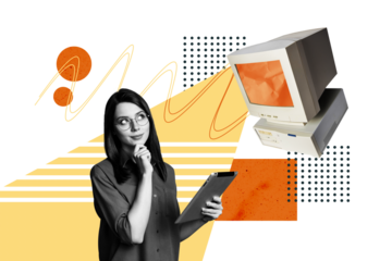 Composite photo collage of minded girl hold ipad device think idea it programmer old computer monitor isolated on painted background