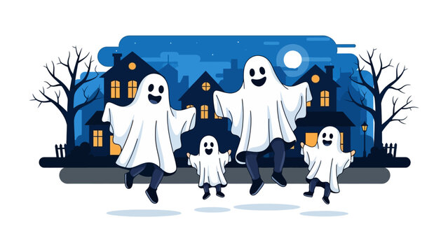 Whimsical Halloween Ghost Gathering: A delightful illustration capturing the playful essence of Halloween with a group of cheerful ghosts joyfully jumping in front of a spooky suburban backdrop.