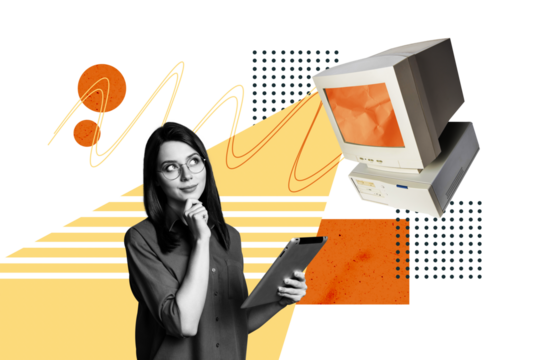 Composite photo collage of minded girl hold ipad device think idea it programmer old computer monitor isolated on painted background