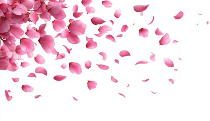 Delicate pink flower petals float in the air against a white background