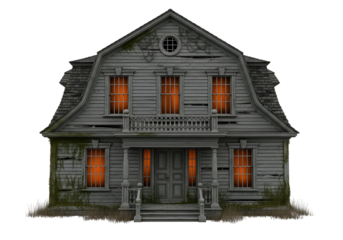 An aged, weathered gray house with glowing windows stands out against a stark black backdrop.