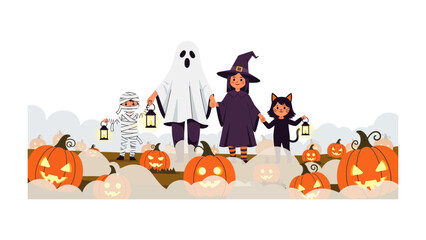 Halloween Costume Parade: A festive Halloween scene with children in spooky costumes and illuminated pumpkins, a colorful celebration of the season's spirit. 