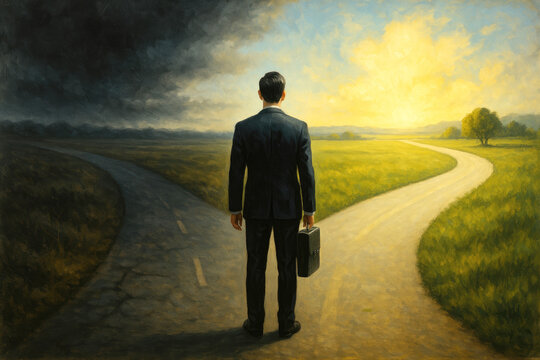 Businessman at a diverging road with a dark stormy path and a bright sunny path ahead decision choice