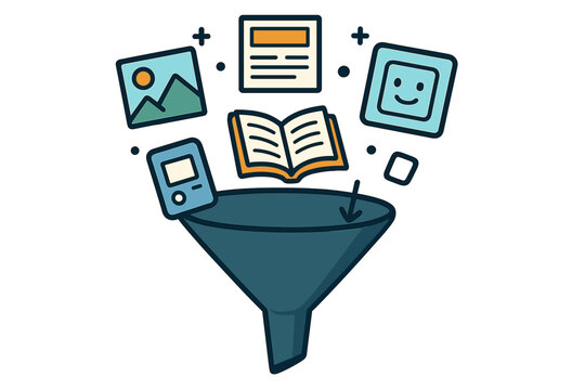 Marketing funnel with content icons. Metaphor for data filtering, lead generation, sales conversion. Process of organizing information from books, apps, graphics, and media.