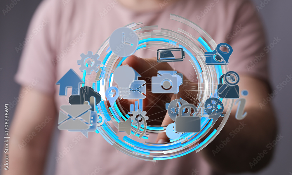 Aufkleber stock photo of a person interacting with a digital interface showing various application icons.