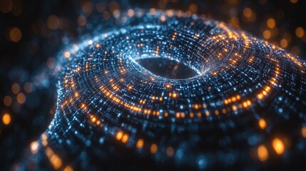 Abstract swirling ring of glowing particles in dark space