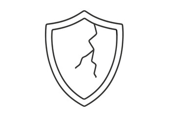Cracked shield line icon representing vulnerability and security breach. Vector concept of broken protection, risk, and data failure. Metaphor for insecurity, damage, cyber attack.