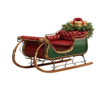 Santa's Sleigh with Gift and Evergreen Garland Christmas isolated on a transparent background