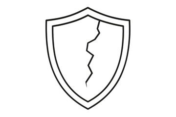 Broken shield line icon. Vulnerability and risk symbol. Unprotected, unsafe, insecure concept. Cyber attack, data leak, and failed defense metaphor. Vector illustration.