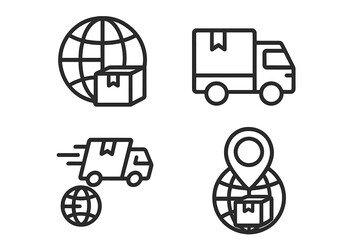Global delivery shipping service icons, modern outline style vector set with package, truck, globe, location pin, fast courier, logistics, transportation, worldwide shipping concept