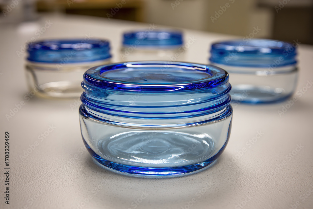 Poster blue-accented glass containers are neatly arranged on a light surface in a modern workshop setting