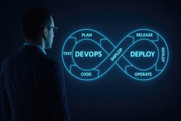 Businessman observing a neon blue Dev Ops infinity symbol with stages of plan test deploy and operate