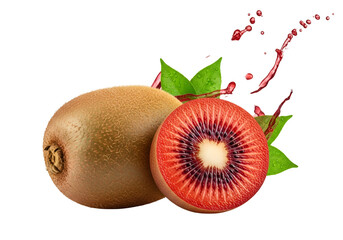 Vibrant red and golden kiwi fruit slices, highlighted by splashing juice and vibrant foliage, present a visually appealing composition against a striking black background.