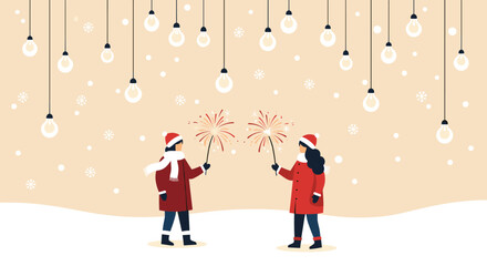 Two children in warm winter clothes and hats holding sparklers in a snowy landscape under festive string lights.