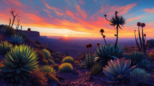 Vibrant sunset over a desert landscape, showcasing diverse succulent plants