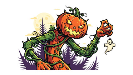 Halloween Pumpkin Character with Ghost: An artistic portrayal of a Halloween-themed character, featuring a carved pumpkin head and a ghost, set against a backdrop of a mystical moonlit night.