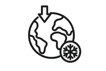 Global cooling concept icon. Climate change metaphor. Planet earth freezing. Ice age period symbol. Winter season sign. Low temperature weather. Snowflake icon. Vector line art.