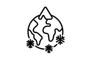 Global cooling concept icon. Ice age metaphor with planet Earth, mountain and snowflakes. Climate change symbol. World freezing, winter season linear pictogram for web design.