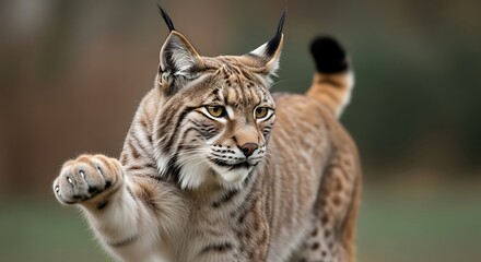 A lynx with a forepaw raised, showcasing its striking patterns and alert demeanor.
