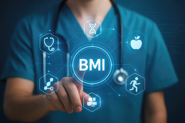 Close-up of a medical professional's hand interacting with a circular digital BMI interface and health icons