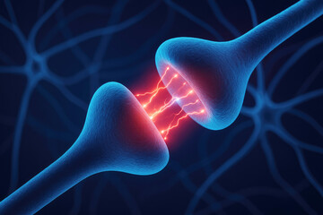 Close-up of two blue neurons with glowing red electrical impulses transmitting between them against a dark blue background