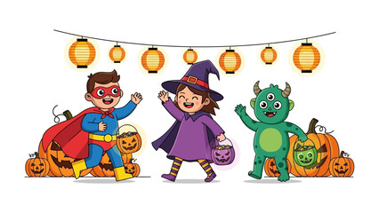 Spooky Season Gathering: A joyful scene unfolds as children in playful costumes—a superhero, a witch, and a friendly monster—gather among pumpkins, lanterns, creating the spirit of halloween.