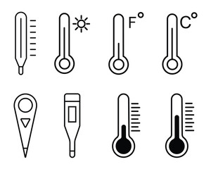 Thermometer icon set with temperature level indicators. Weather and temperature symbols, medical and climate illustrations. Winter and summer weather thermometer with snowflake and sun symbols. Vector