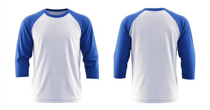 Front and back view of a white 3/4 sleeve t-shirt with blue raglan sleeves