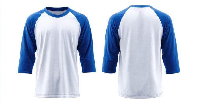 Front and back view of a white 3/4 sleeve baseball t-shirt with royal blue accents