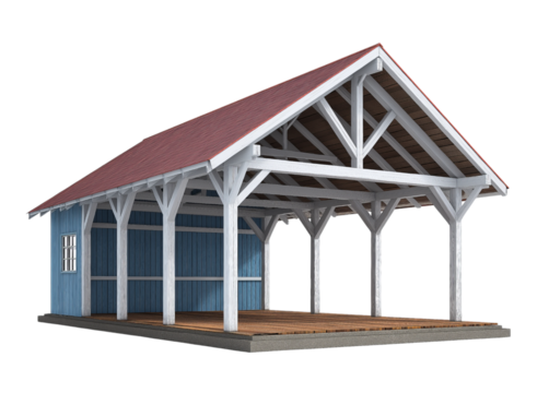 Open Air Wooden Structure with Blue Walls and Red Roof isolated on a transparent background