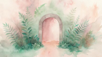 Enchanting soft pink arched doorway framed by lush greenery gentle dreamy ambiance
