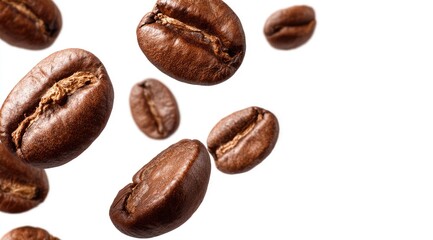 Obraz premium Roasted coffee beans in mid-air against a white background (1)