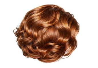A detailed close-up image shows voluminous, wavy auburn hair styled in a textured updo against a stark black backdrop.