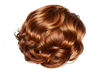 A detailed close-up image shows voluminous, wavy auburn hair styled in a textured updo against a stark black backdrop.