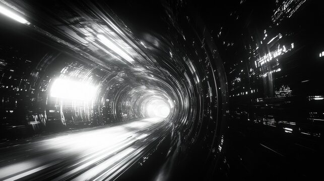 A blurred tunnel with light and dynamic lines conveys a sense of speed and movement, suitable for topics related to technology, the future, transportation, and progress.