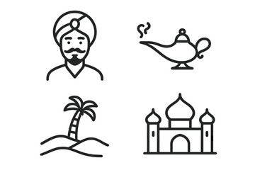 Arabian nights icon set. Vector line icons of sultan, magic lamp, desert oasis, and mosque. Middle Eastern and Indian culture, travel, and fairy tale symbols for design.