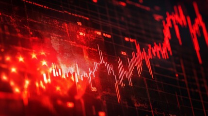 A dynamic graph showing falling stock prices on a red background symbolizes a financial crisis or market crash and is suitable for articles about economic risks and stock market trend analysis.