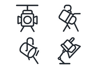Studio light line icon set. Spotlight, projector, and film lighting equipment icons. Vector outline pictograms for photography, cinema, theater, show, and graphic design.