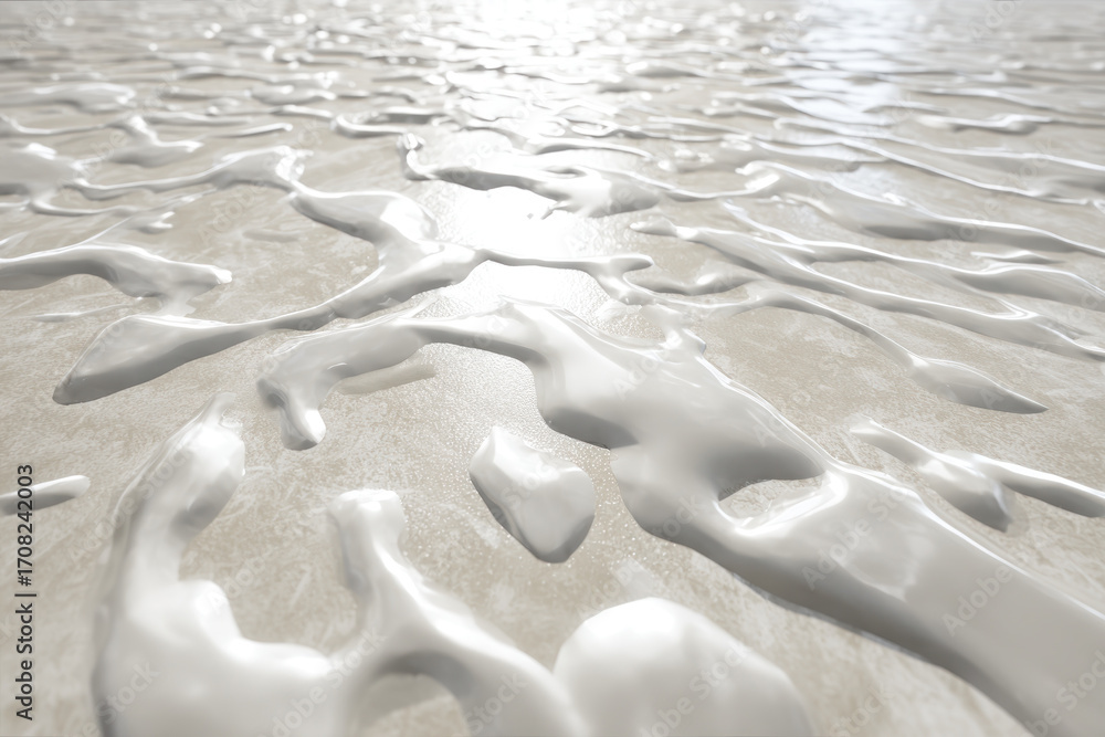 Poster water glistens on a smooth surface, creating intricate patterns as sunlight illuminates the setting
