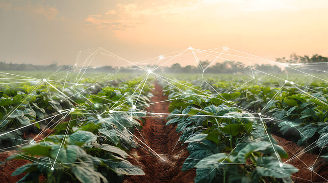 Agricultural field with digital network overlay representing smart farming technology - Powered by Adobe