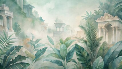 Surreal architectural collage vintage fragments lush greenery ethereal light dreamscape ambiance